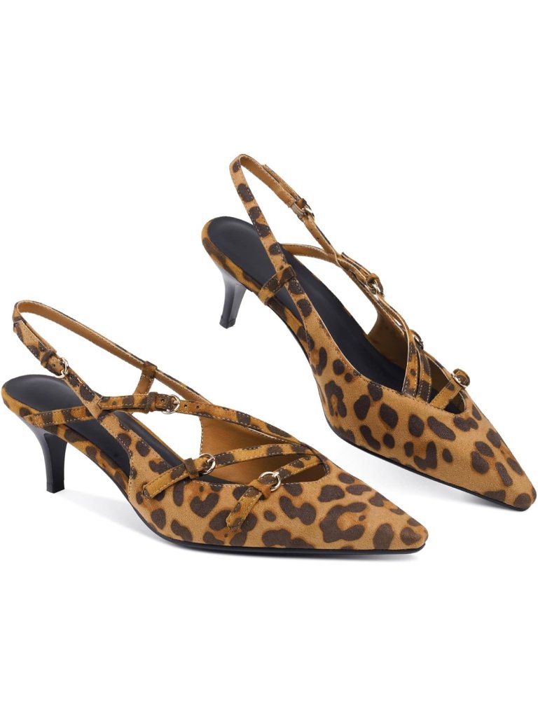 Women's Leopard Print Slingback Kitten Pointed Toe Pump Low Stiletto Heels Shoes
